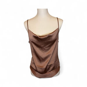 Sincerely Jules Bronze Brown Satin Cowl Neck Bodysuit Medium Womens Sleeveless